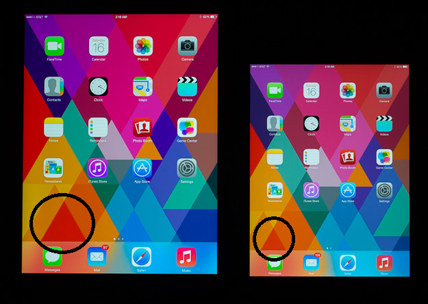 Một ví dụ cho thấy như sắc đỏ trên màn hình iPad Mini 1,2,3 Retina lại có hơi pha lẫn với màu cam. Điều này là do dải màu sắc trên chiếc iPad mini Retina không được rộng lắm.